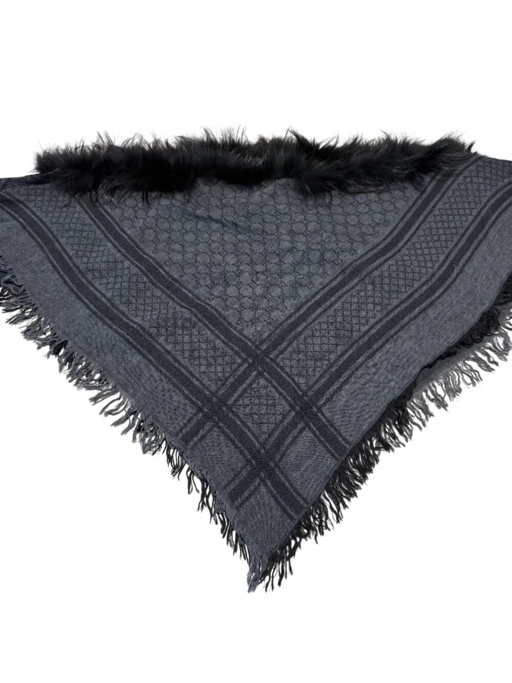 Gucci Black Grey Wool Silk Blend Fox Fur Trim GG Monogram Scarf Shawl